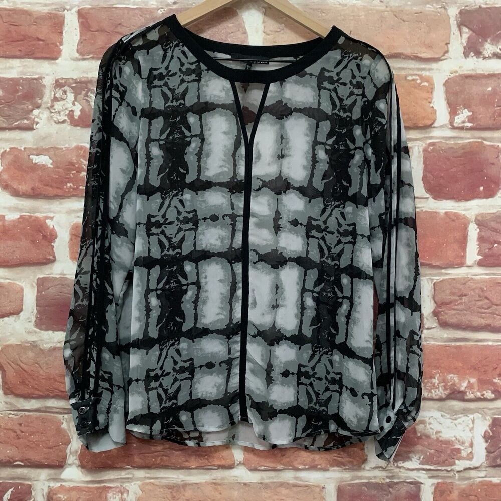 Ro & De Top Shirt Womens Small Black White Abstract Sheer Popover